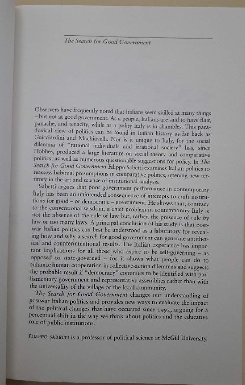 THE SEARCH FOR GOOD GOVERNMENT-UNDERSTANDING THE PARADOX OF ITALIAN DEMOCRACY( …