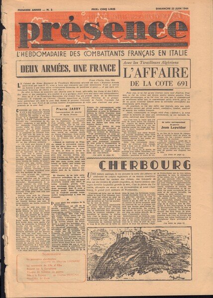 Présence - L'hebdomadaire des Combattants Francais en Italie Premiere annee …