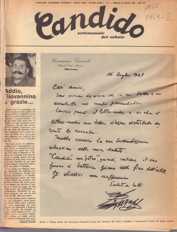 Candido-settimanale del sabato-Giovannino Guareschi-Anno 1968/69-2 volumi