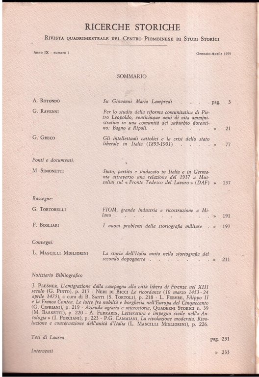 Ricerche storiche Anno IX - N° 1 - gennaio/aprile 1979