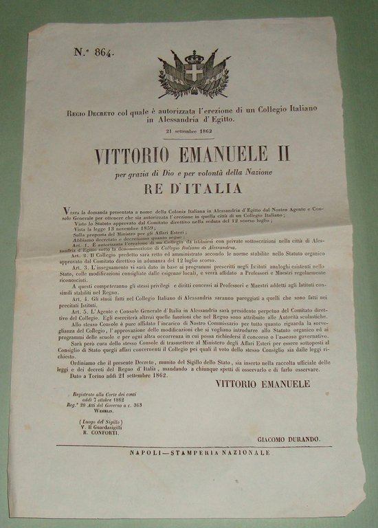 Gruppo di 24 manifesti: leggi e decreti regii 1862.