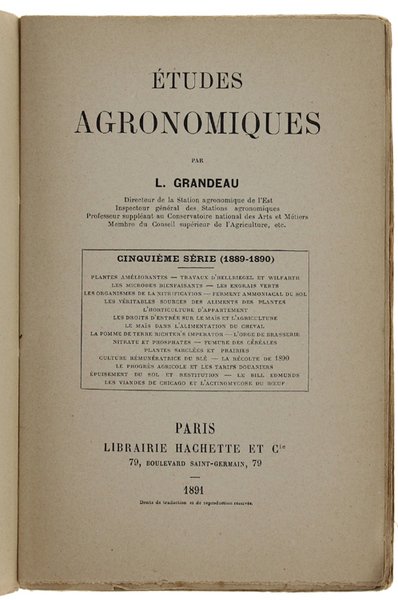 ETUDES AGRONOMIQUES. Cinquième série (1889-1890)