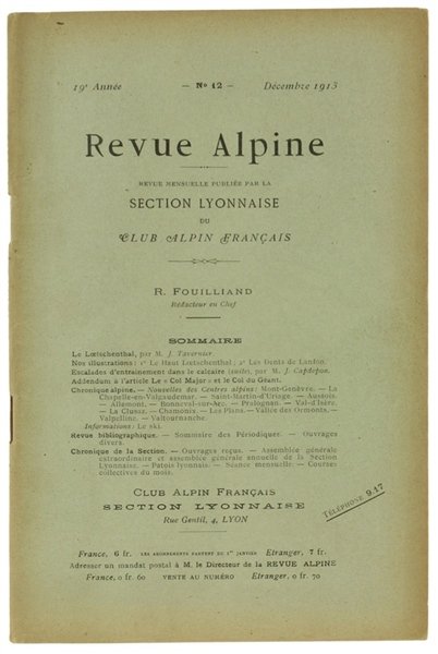 REVUE ALPINE. 19e Année, N. 12, 1er Décembre 1913.