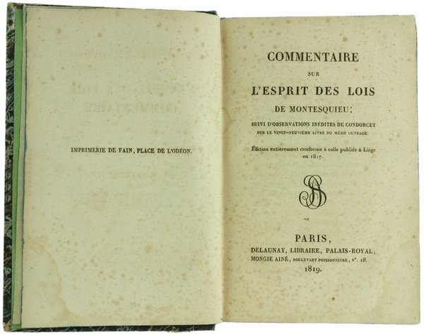 COMMENTAIRE SUR L'ESPRIT DES LOIS DE MONTESQUIEU - SUIVI D'OBSERVATION …