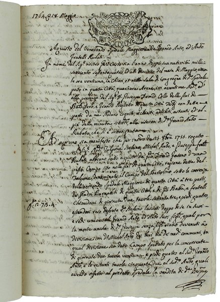 CHIERI: MANOSCRITTO, ATTO NOTARILE DEL 1764