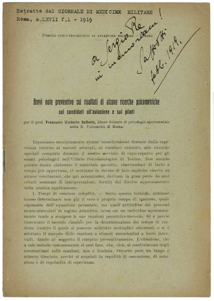 BREVI NOTE PREVENTIVE SUI RISULTATI DI ALCUNE RICERCHE PSICOMETRICHE SUI …