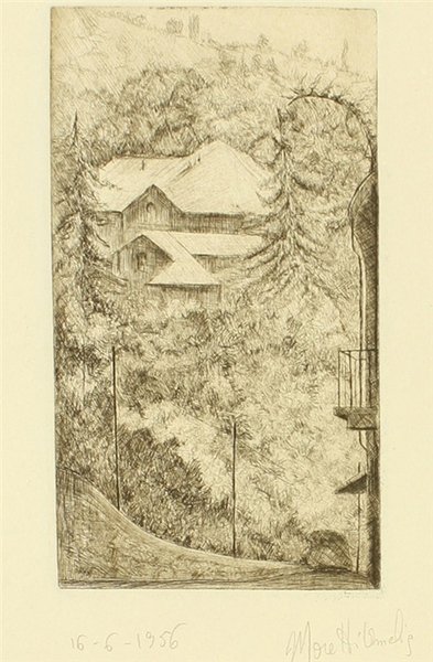 PAESAGGIO ALPINO - ACQUAFORTE originale, firmata e datata 16/6/1956.