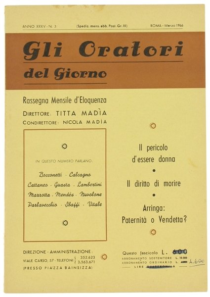 GLI ORATORI DEL GIORNO. Rassegna mensile d'Eloquenza. Anno XXXIV - …