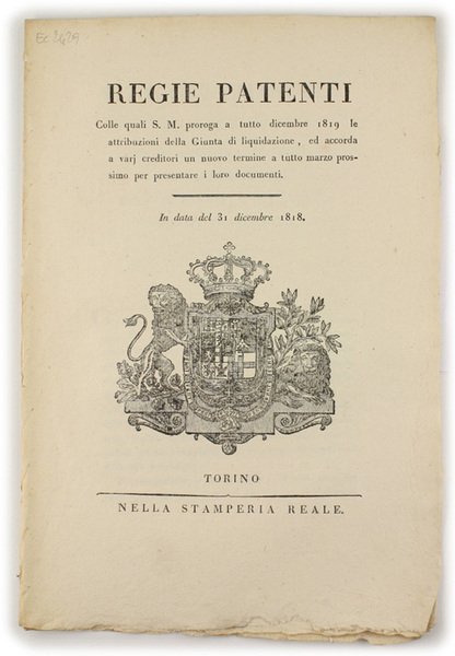 REGIE PATENTI Colle quali S.M. proroga a tutto dicembre 1819 …