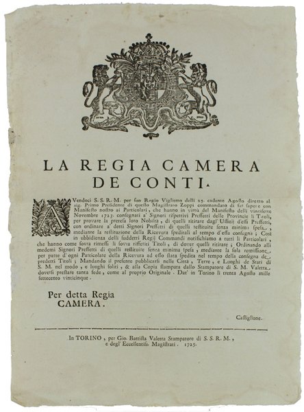 AVENDOCI S.S.R.M. PER SUO REGIO VIGLIETTO DELLI 25 CADENTE AGOSTO …