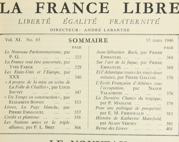 LA FRANCE LIBRE. Vol. XI, No. 65 - 15 Mars …
