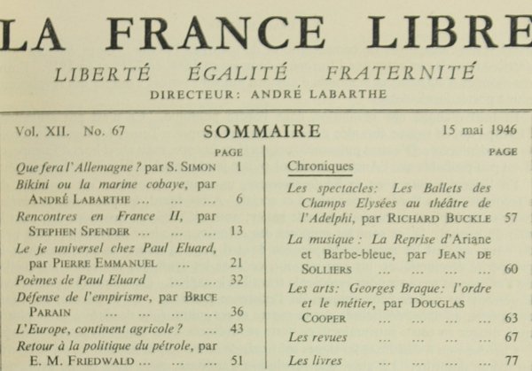 LA FRANCE LIBRE. Vol. XII, No. 67.