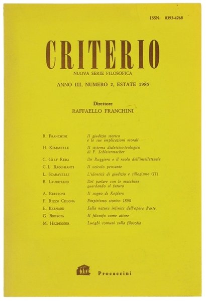 CRITERIO. Nuova serie filosofica. Anno III, N° 2. Estate 1985.