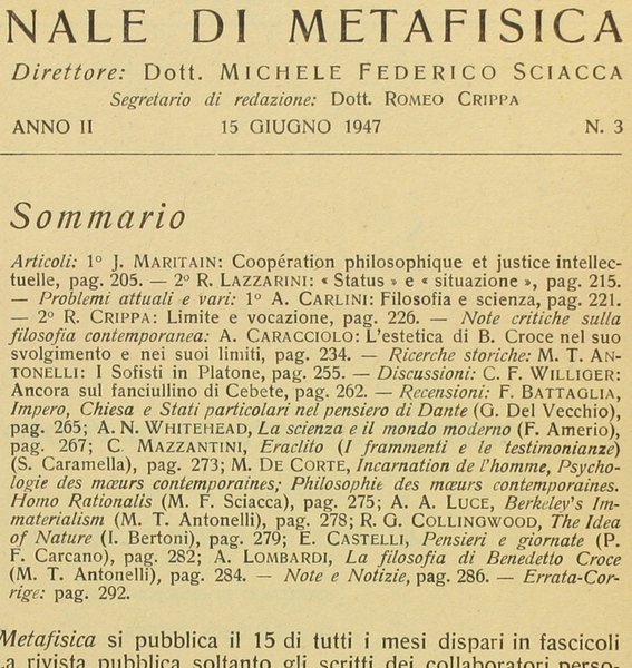 GIORNALE DI METAFISICA. Rivista Bimestrale di Filosofia. 1947 - N. …