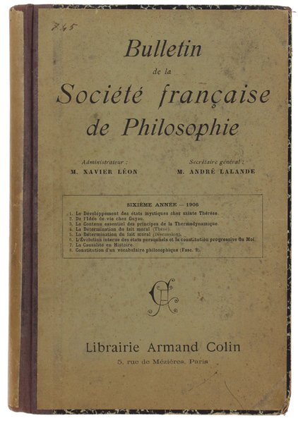 BULLETIN DE LA SOCIETE' DE PHILOSOPHIE. Sixième Année: 1906.