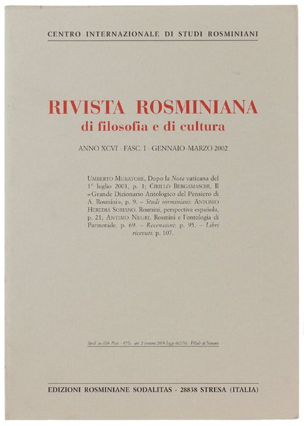 RIVISTA ROSMINIANA DI FILOSOFIA E DI CULTURA. Fasc. I/2002. | Immagine principale