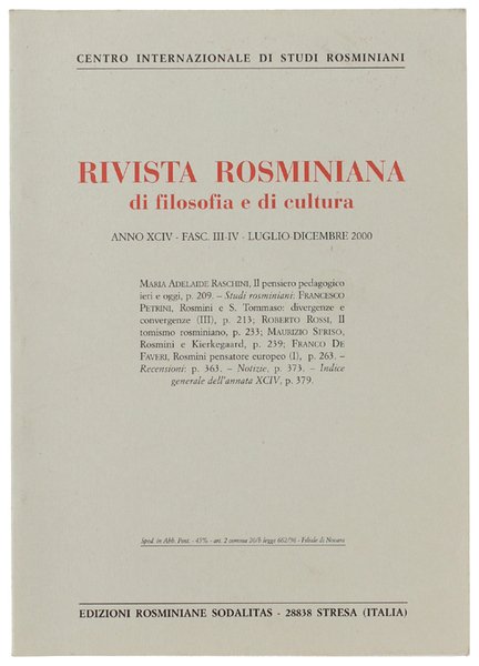 RIVISTA ROSMINIANA DI FILOSOFIA E DI CULTURA. Fasc.III-IV/2000 | Immagine principale