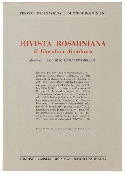 RIVISTA ROSMINIANA DI FILOSOFIA E DI CULTURA. Fasc.III-IV/1998 | Immagine principale