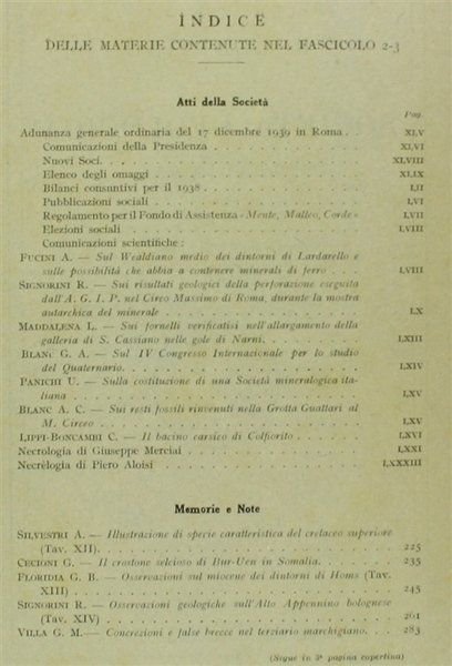 BOLLETTINO DELLA SOCIETA' GEOLOGICA ITALIANA. Volume LVIII - 1939. Fasc. …
