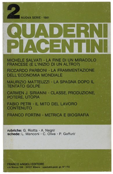 QUADERNI PIACENTINI - Nuova serie. N. 2 - 1981.