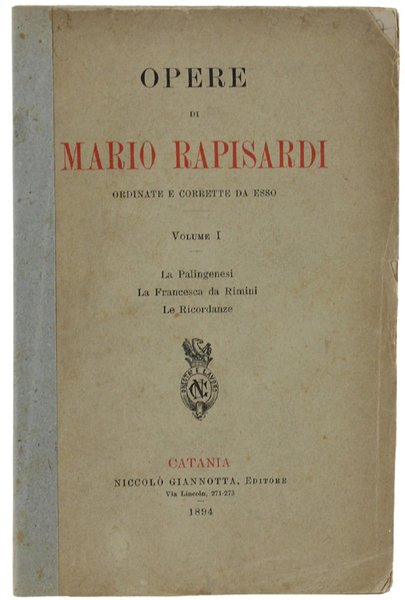 OPERE DI MARIO RAPISARDI Ordinate e Corrette da Esso, Volume … | Immagine principale