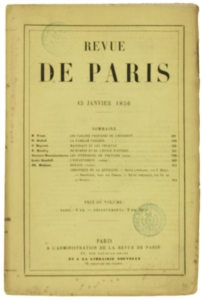 REVUE DE PARIS. 4e Année - 15 Janvier 1856 (EDITION …