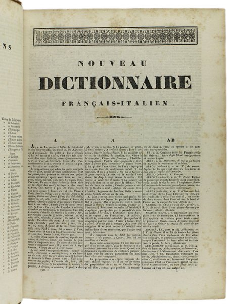 GRAND DICTIONNAIRE FRANÇAIS-ITALIEN Tome Premier (Français-Italien).