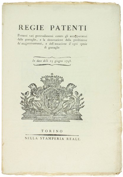 (REGNO DI SARDEGNA - Incetta di granaglie - 1798) REGIE …