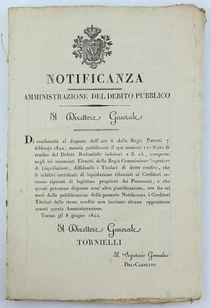 NOTIFICANZA - AMMINISTRAZIONE DEL DEBITO PUBBLICO. Gli 8 giugno 1822 …