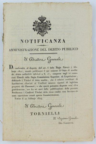 NOTIFICANZA - AMMINISTRAZIONE DEL DEBITO PUBBLICO.