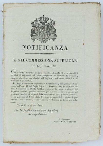 NOTIFICANZA - REGIA COMMISSIONE SUPERIORE DI LIQUIDAZIONE.