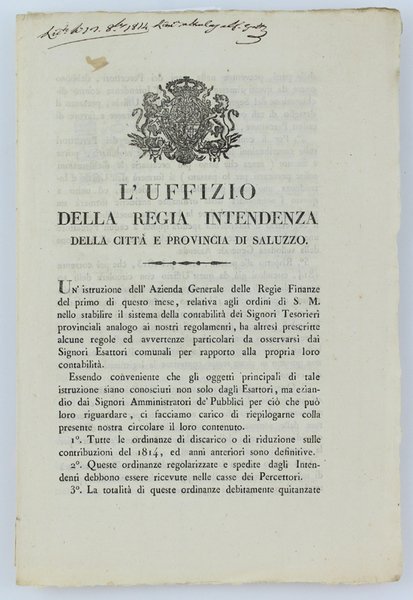 L'UFFIZIO DELLA REGIA INTENDENZA DELLA CITTA' E PROVINCIA DI SALUZZO.