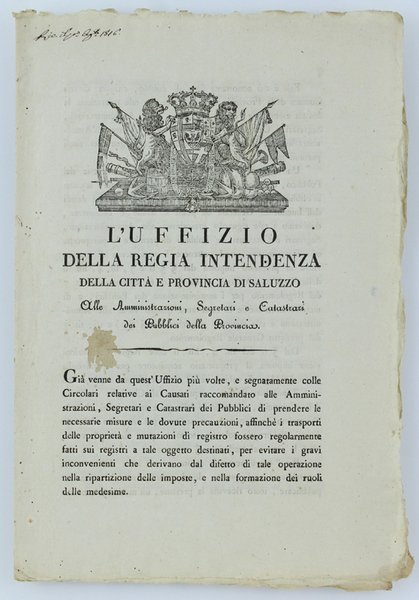 L'UFFIZIO DELLA REGIA INTENDENZA DELLA CITTA' E PROVINCIA DI SALUZZO. …