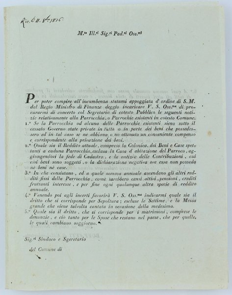 PER POTER COMPIRE ALL'INCUMBENZA STATAMI APPOGGIATA D'ORDINE DI S.M. da …