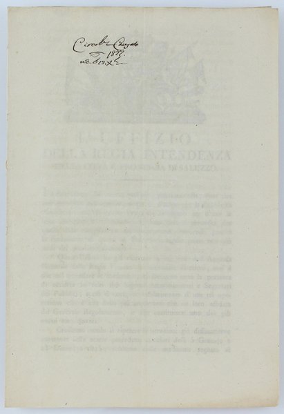 L'UFFIZIO DELLA REGIA INTENDENZA DELLA CITTA' E PROVINCIA DI SALUZZO.