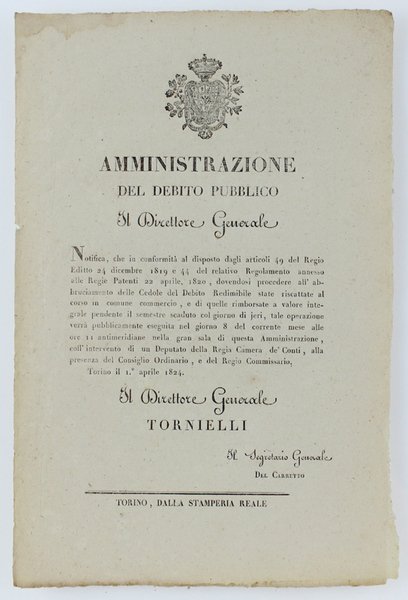 AMMINISTRAZIONE DEL DEBITO PUBBLICO. Torino, 1 aprile 1824.