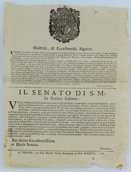(Manifesto originale del 1726) ILLUSTRISS., & ECCELLENTISS. SIGNORI. Vedendosi, che …