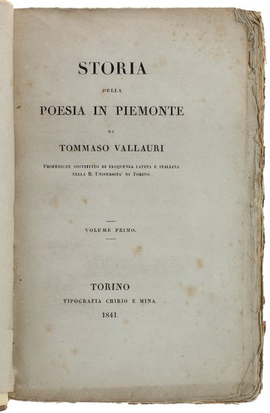 STORIA DELLA POESIA IN PIEMONTE - Volume primo.