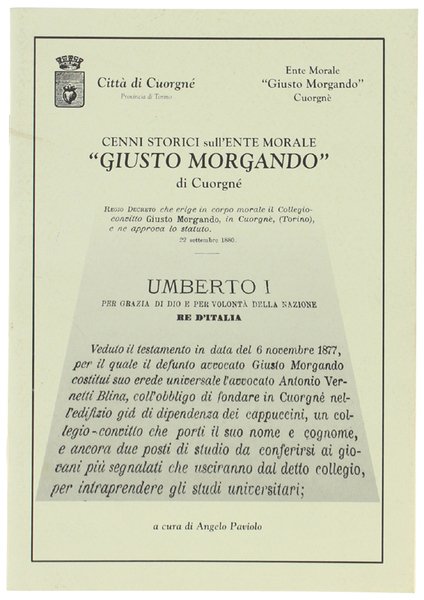 CENNI STORICI SULL'ENTE MORALE "GIUSTO MORGANDO" DI CUORGNE'. | Immagine principale
