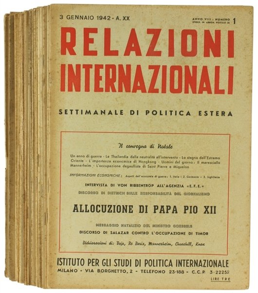 RELAZIONI INTERNAZIONALI. Settimanale di politica estera. Anno 1942.