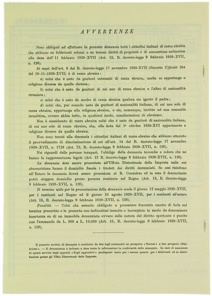 PROVVEDIMENTI PER LA DIFESA DELLA RAZZA ITALIANA. - DENUNCIA dei …