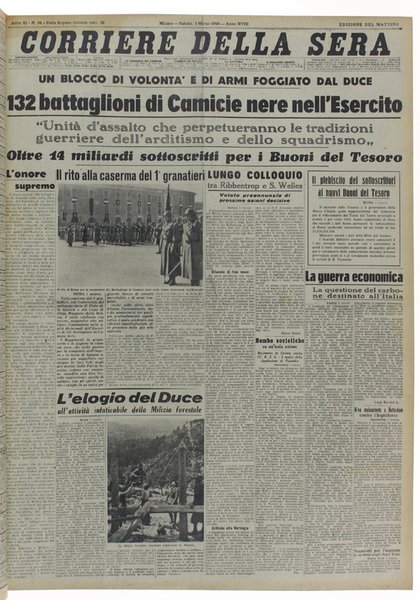 CORRIERE DELLA SERA. Dal 9 gennaio al 31 maggio 1940.