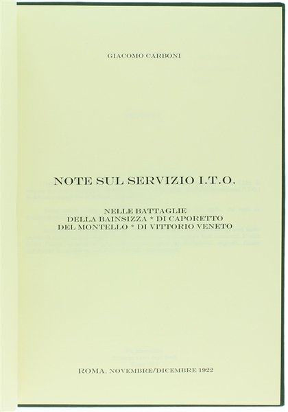 NOTE SUL SERVIZIO I.T.O. NELLE BATTAGLIE DELLA BAINSIZZA - DI …