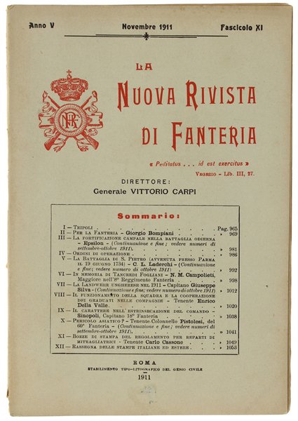 LA NUOVA RIVISTA DI FANTERIA. Novembre 1911 - Fascicolo XI.