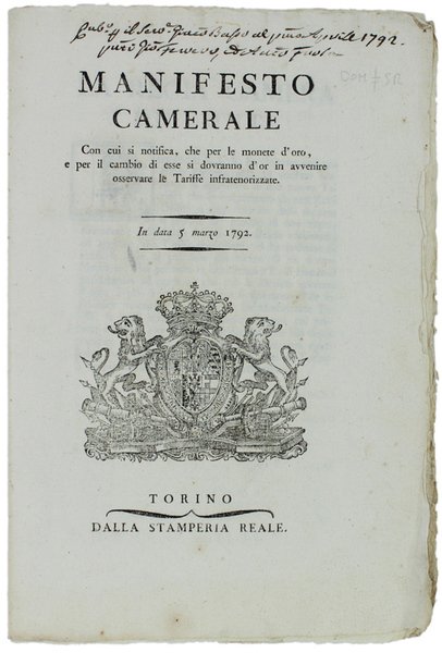 MANIFESTO CAMERALE Con cui si notifica, che per le monete …