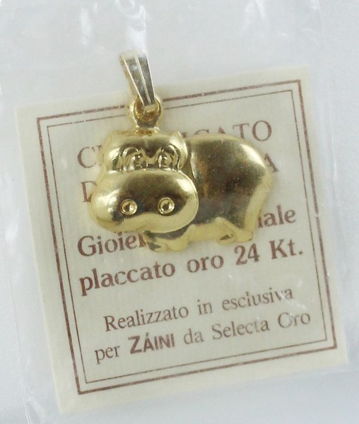 IPPOPOTAMO: GIOIELLO ARTIGIANALE PLACCATO ORO 24 KT (nuovo, con certificato …