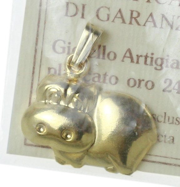 IPPOPOTAMO: GIOIELLO ARTIGIANALE PLACCATO ORO 24 KT (nuovo, con certificato …