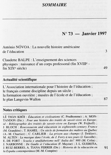 HISTOIRE DE L'EDUCATION. N° 73 - janvier 1997.