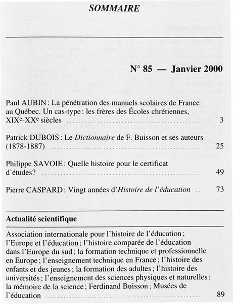 HISTOIRE DE L'EDUCATION. N° 85 - janvier 2000.
