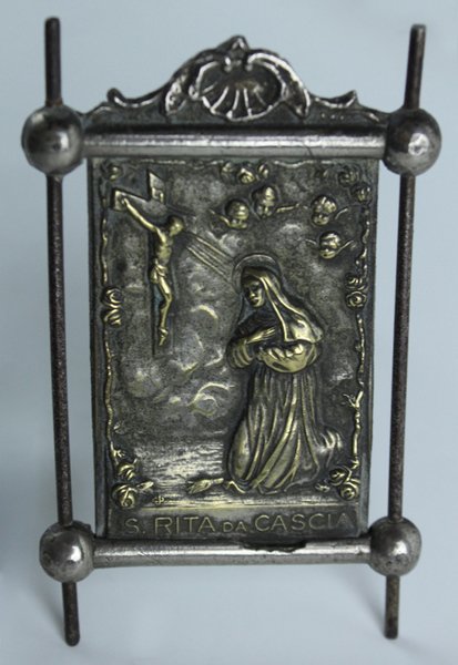 SANTA RITA DA CASCIA: ANTICA PLACCA DORATA E 4 MEDAGLIETTE …